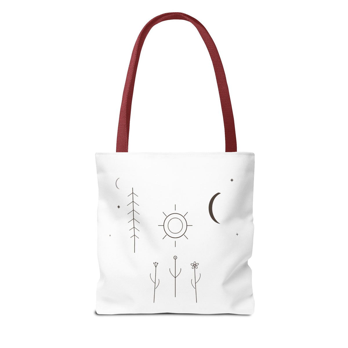 Minimal Moon and Sun botanical tote bag with celestial line art design, featuring natural plant illustrations on a fabric bag.