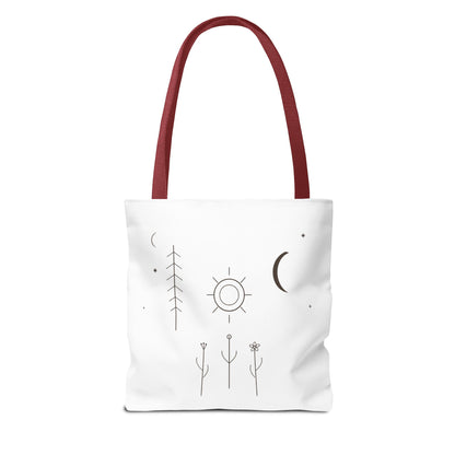 Minimal Moon and Sun botanical tote bag with celestial line art design, featuring natural plant illustrations on a fabric bag.