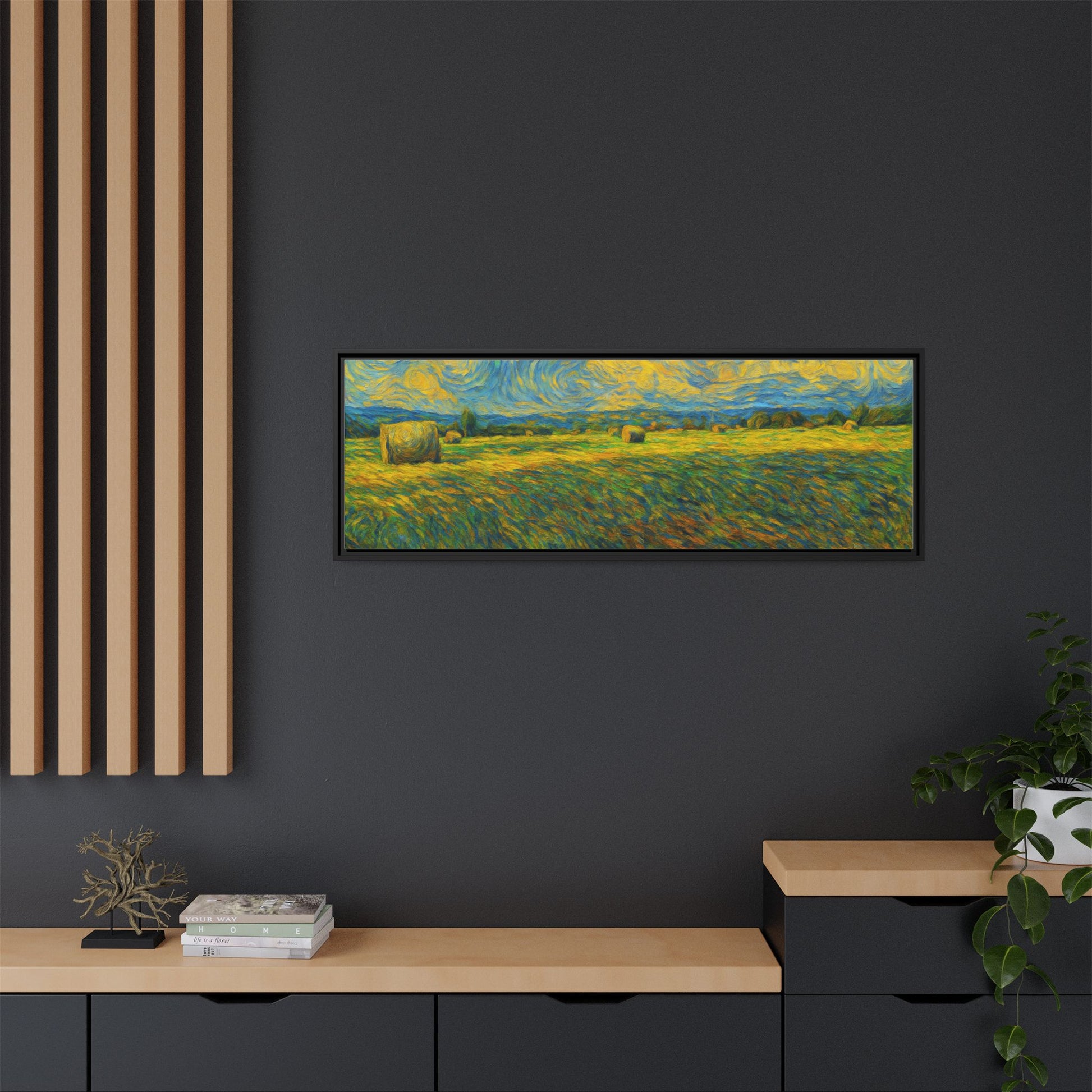 Framed landscape matte canvas print with vibrant multi-color scenery, showcasing natural outdoor views by Printify.