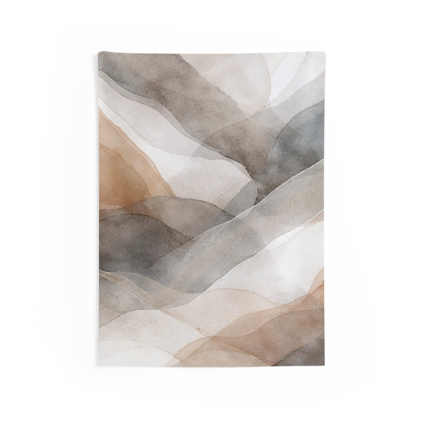 Abstract watercolor mountains indoor wall tapestry featuring neutral landscape art by Printify, with soft mountain and sky tones.