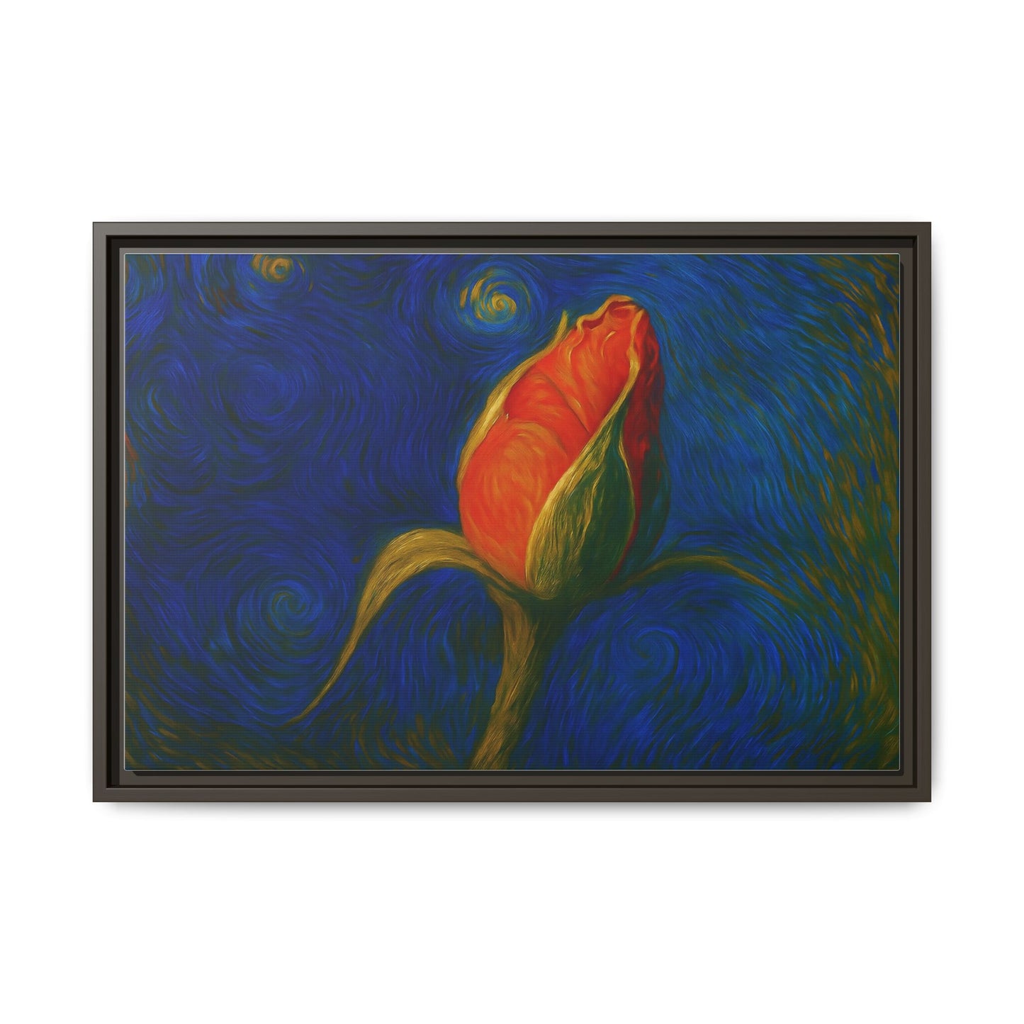 Red rose bud painting on canvas with matte finish, framed wall art by Printify featuring vibrant floral artwork.