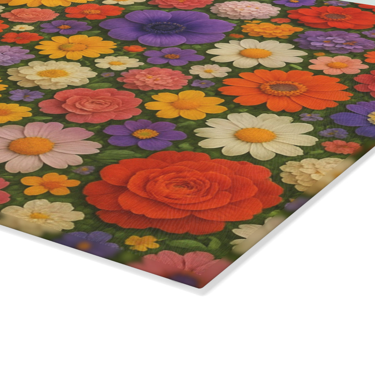 Floral Glass Cutting Board – Colorful Retro Flower Pattern Kitchen Board