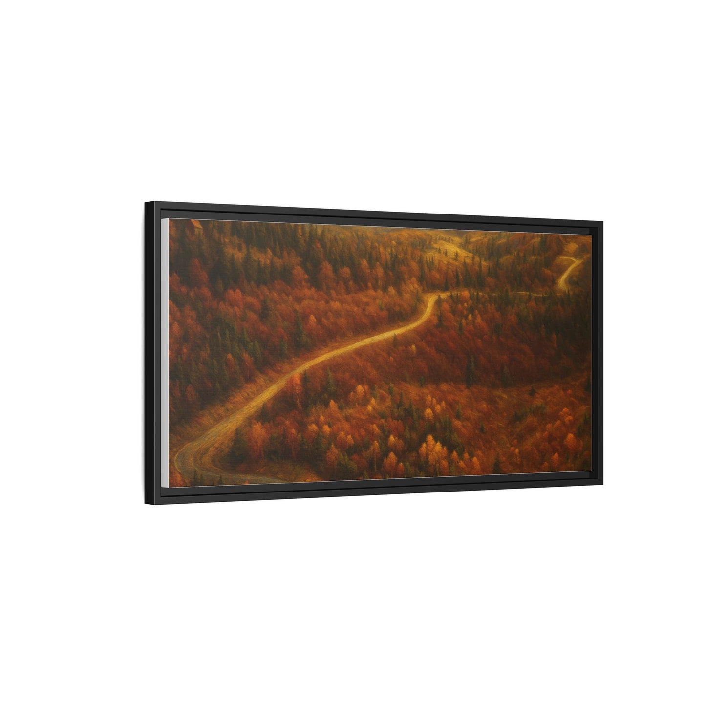 Framed matte canvas print of autumn forest road landscape wall art by Printify, showcasing vibrant fall colors and scenic nature scene.
