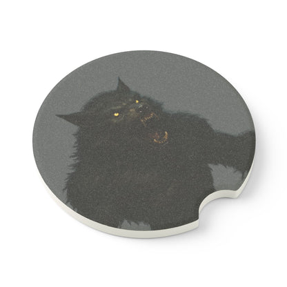 Black soapstone car coaster featuring a night-themed black cat design, perfect for pet lovers and car accessories.