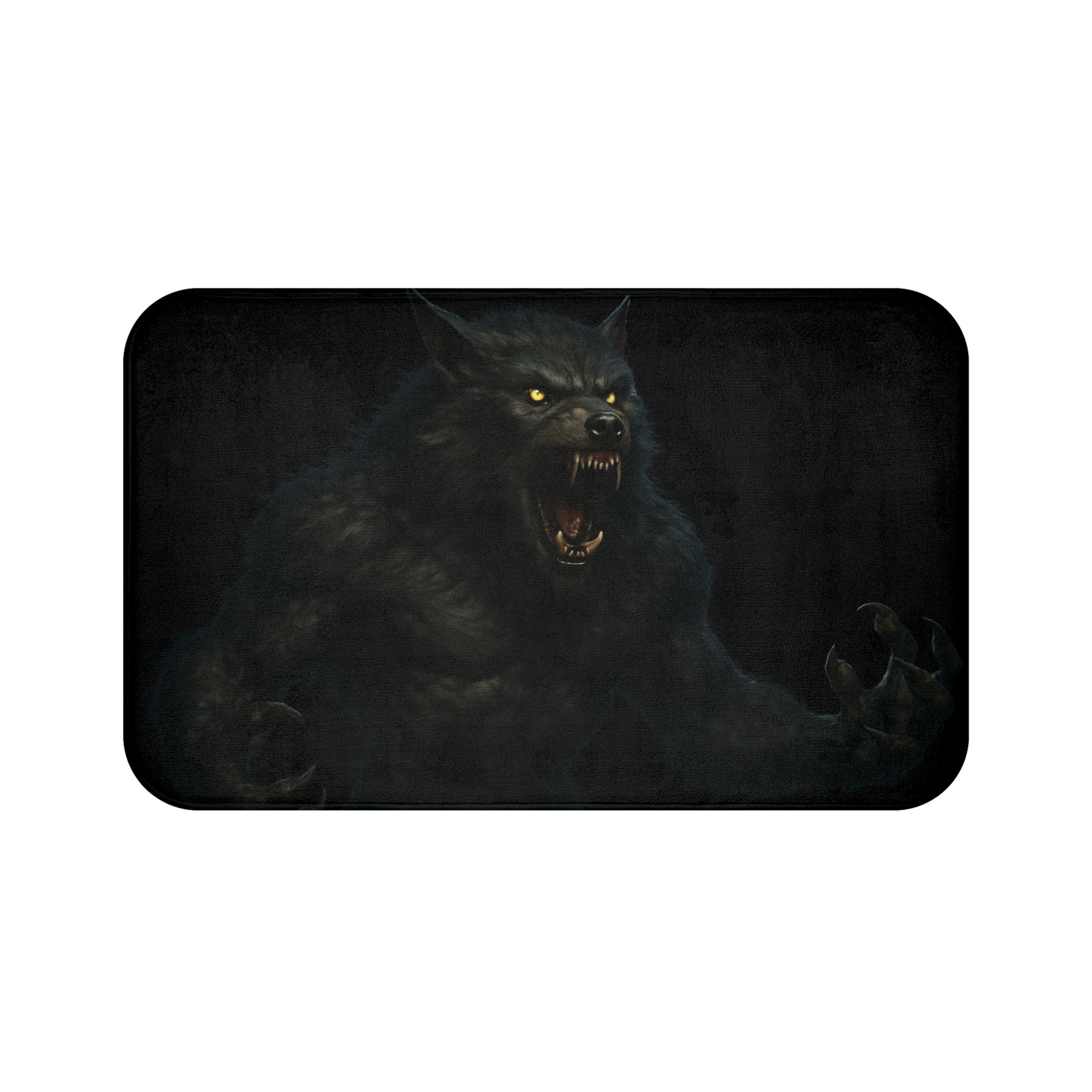 Dark gothic werewolf bathroom rug with monster design, soft bath mat for bathroom decor.