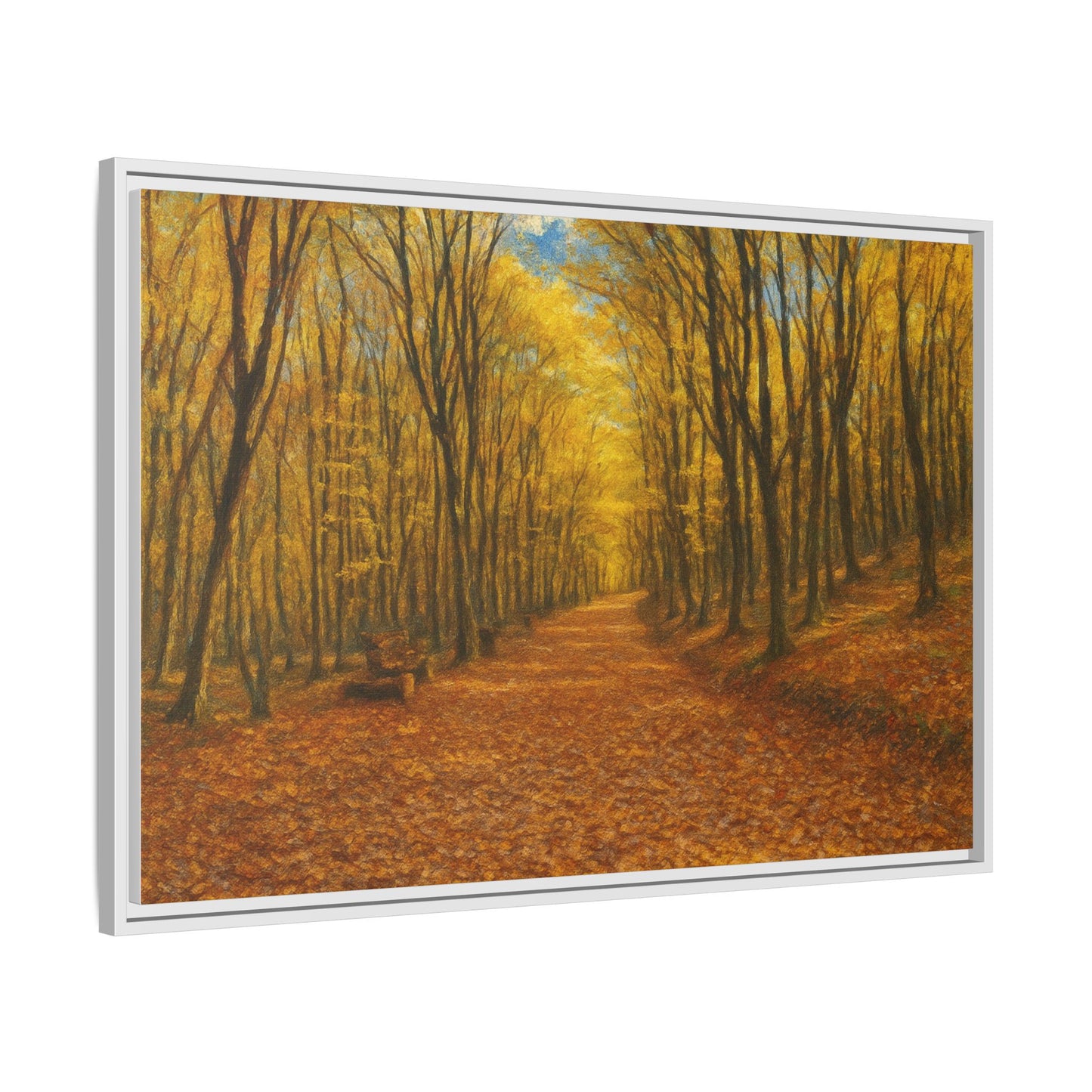 Autumn forest path matte canvas wall art framed, featuring a scenic nature landscape with colorful fall trees and a peaceful trail.
