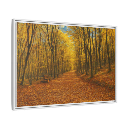 Autumn forest path matte canvas wall art framed, featuring a scenic nature landscape with colorful fall trees and a peaceful trail.