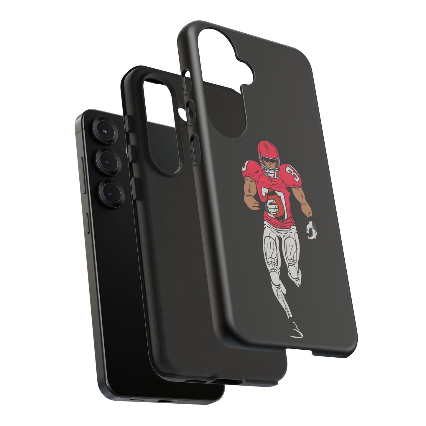 Black football player tough phone case for iPhone, protective sports-themed case by Printify, featuring athletic design imagery.