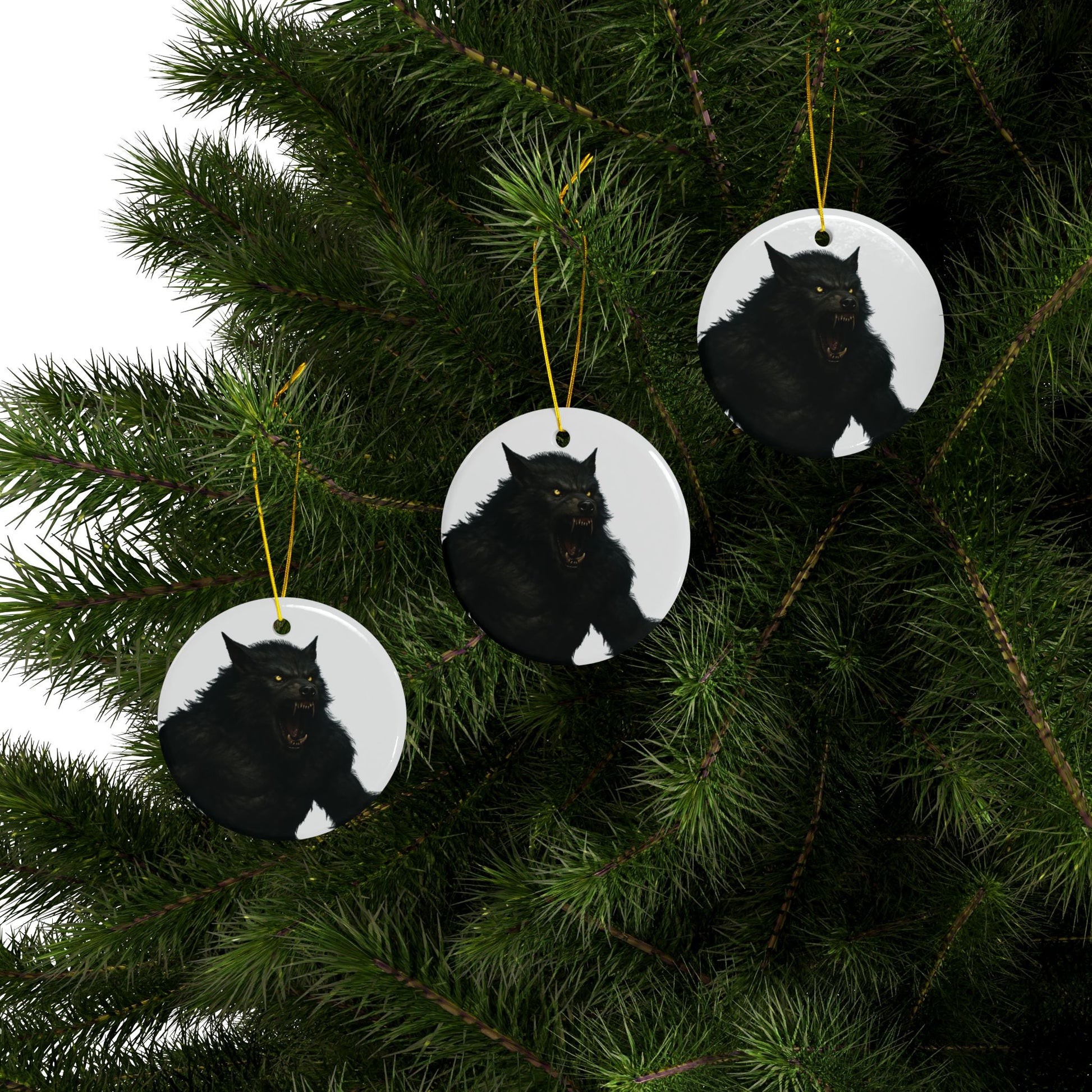 Black ceramic werewolf ornament by Printify, spooky wolf holiday decoration for Halloween or winter décor.