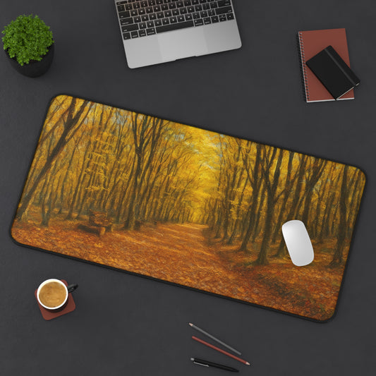 Autumn Forest Path desk mat with fall leaves scenic print, designed for a comfortable workspace and stylish decoration.