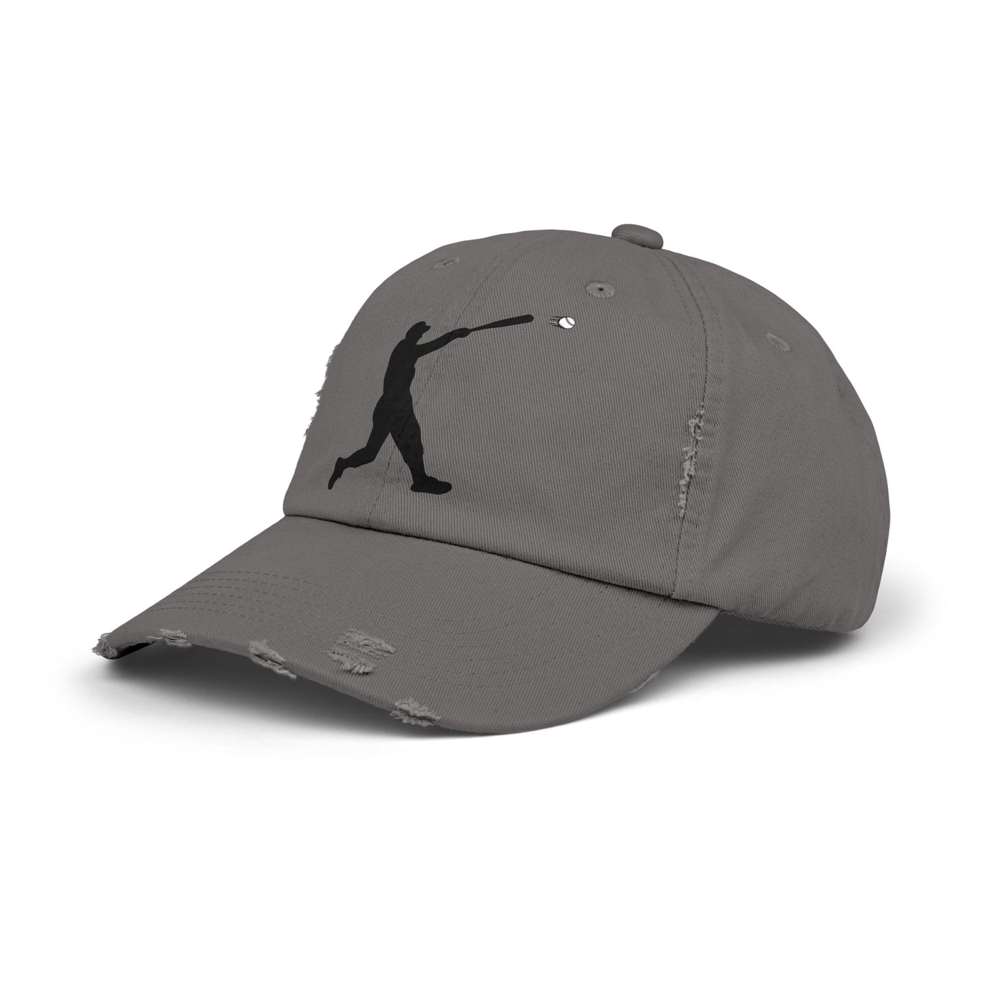 Distressed baseball cap with silhouette batter design, casual hats by Printify featuring a worn, vintage style.
