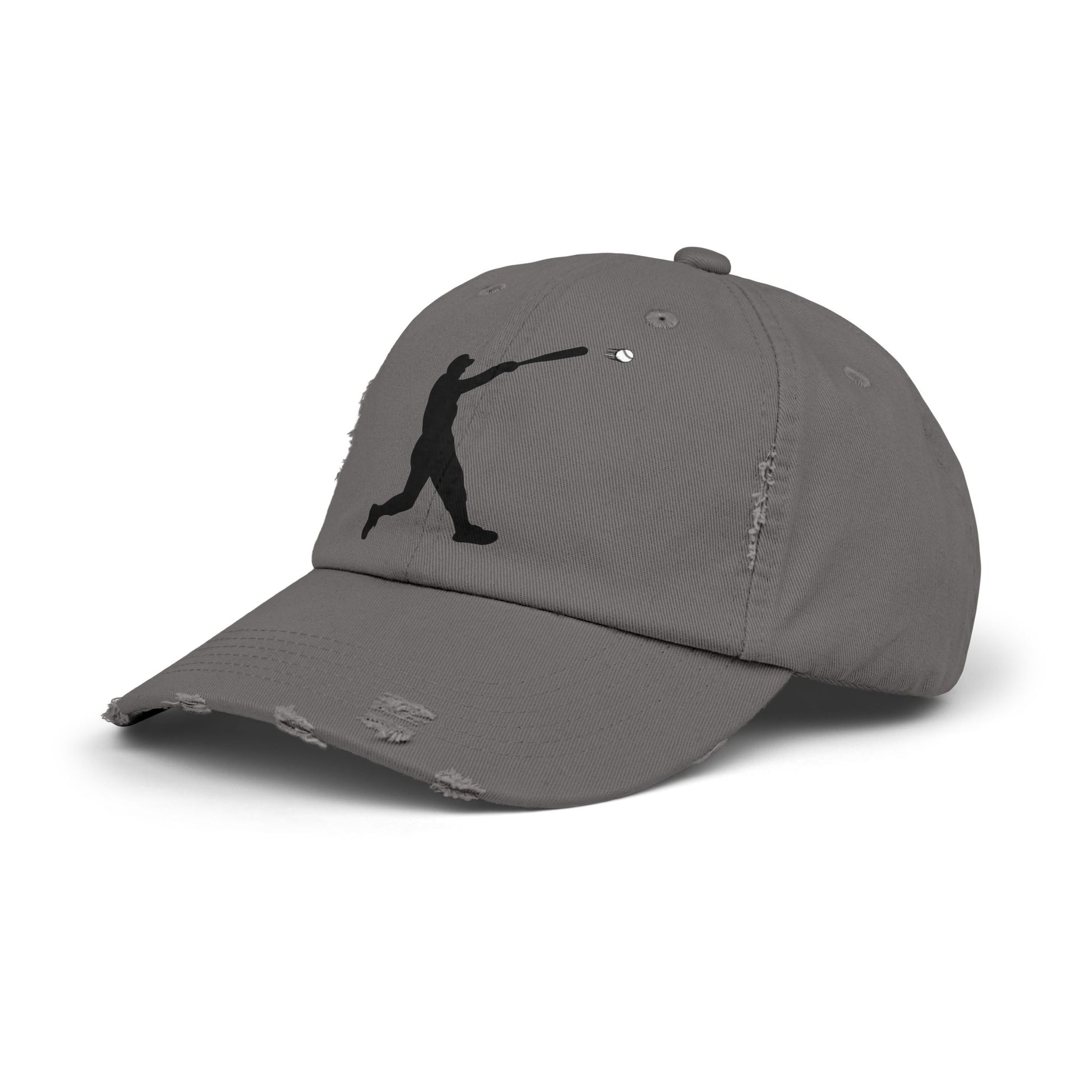 Distressed baseball cap with silhouette batter design, casual hats by Printify featuring a worn, vintage style.