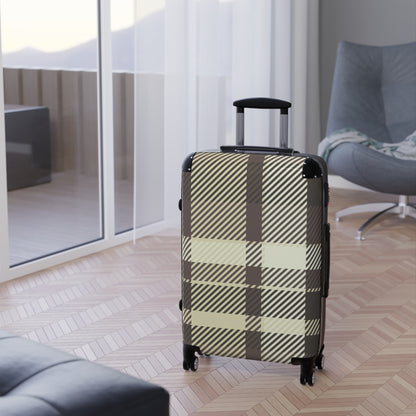 Plaid Carry-On Suitcase — Neutral Beige & Black Travel Luggage