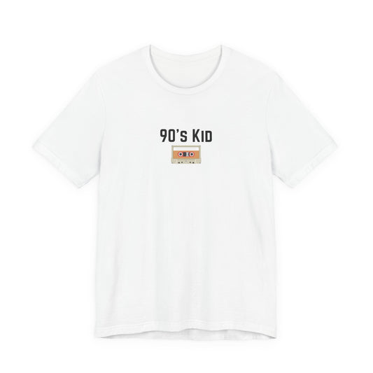 90's Kid Cassette T-Shirt by Printify featuring retro cassette tape graphic on a casual cotton tee