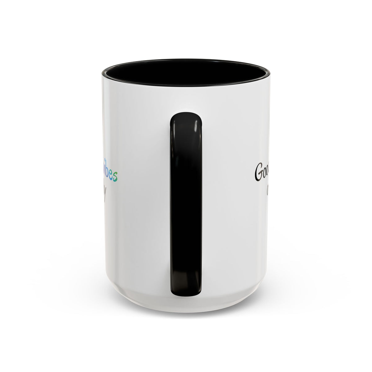 Printify Good Vibes Only accent coffee mug with positive morning inspirational quote, white ceramic tea cup with black lettering.