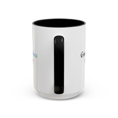 Printify Good Vibes Only accent coffee mug with positive morning inspirational quote, white ceramic tea cup with black lettering.
