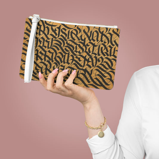 Printify calligraphy clutch bag, elegant evening purse for special occasions, featuring stylish design and compact size.
