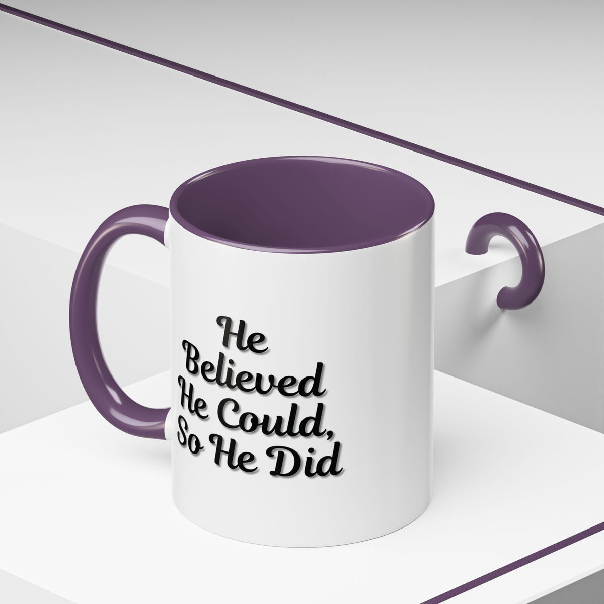 He Believed He Could So He Did inspirational coffee mug, white ceramic mug with motivational quote, Printify brand.