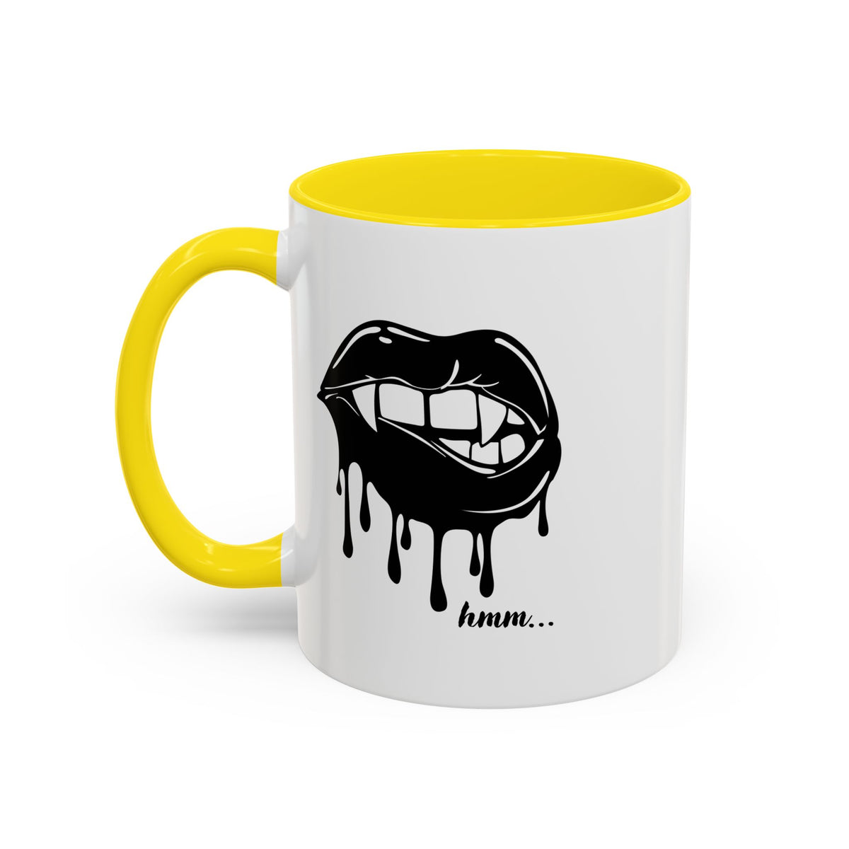 Black Dripping Lips Accent Coffee Mug with Bite graphic, 11oz or 15oz, featuring bold, artistic lip design.