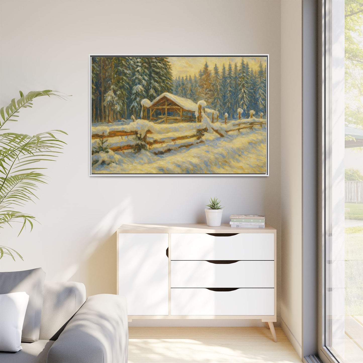 Snowy cabin winter landscape canvas wall art by Printify featuring a cozy cabin scene in a snowy setting.