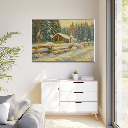 Snowy cabin winter landscape canvas wall art by Printify featuring a cozy cabin scene in a snowy setting.