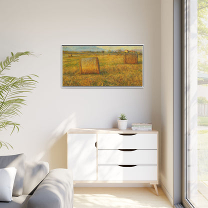 Framed matte canvas wall art featuring a rustic hayfield landscape print by Printify, showcasing a peaceful rural scene.