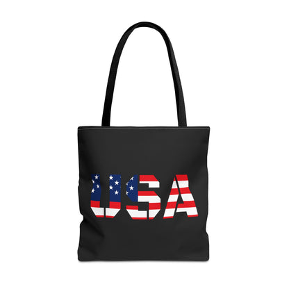 Reusable patriotic USA flag tote bag by Printify, summer carryall with 4th of July flag design, perfect for festive outdoor use.