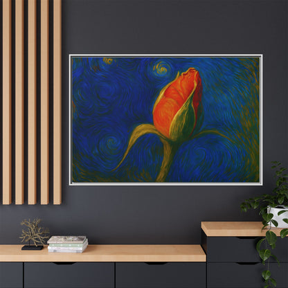 Red rose bud painting on framed canvas wall art by Printify, featuring vibrant flower imagery and matte finish.