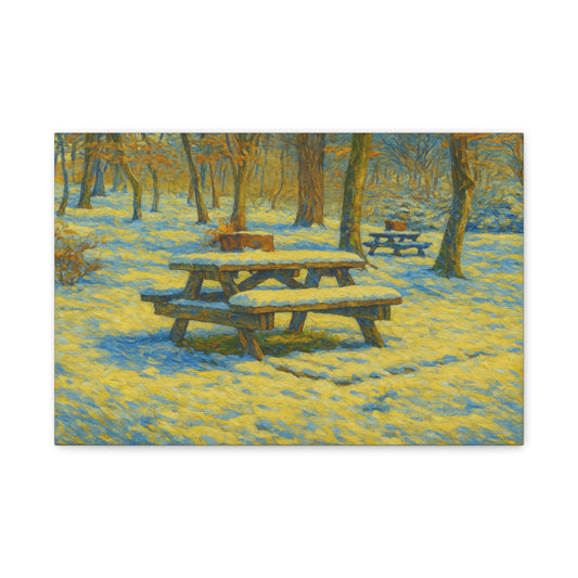 Winter picnic canvas print featuring a snow-covered park bench wall art by Printify, showcasing a serene winter scene.