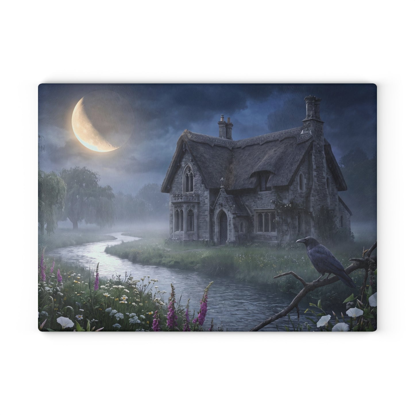 Moonlit Cottage river scene Glass Cutting Board | mystical night landscape