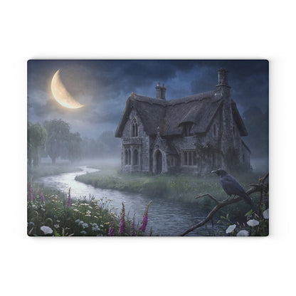 Moonlit Cottage river scene Glass Cutting Board | mystical night landscape