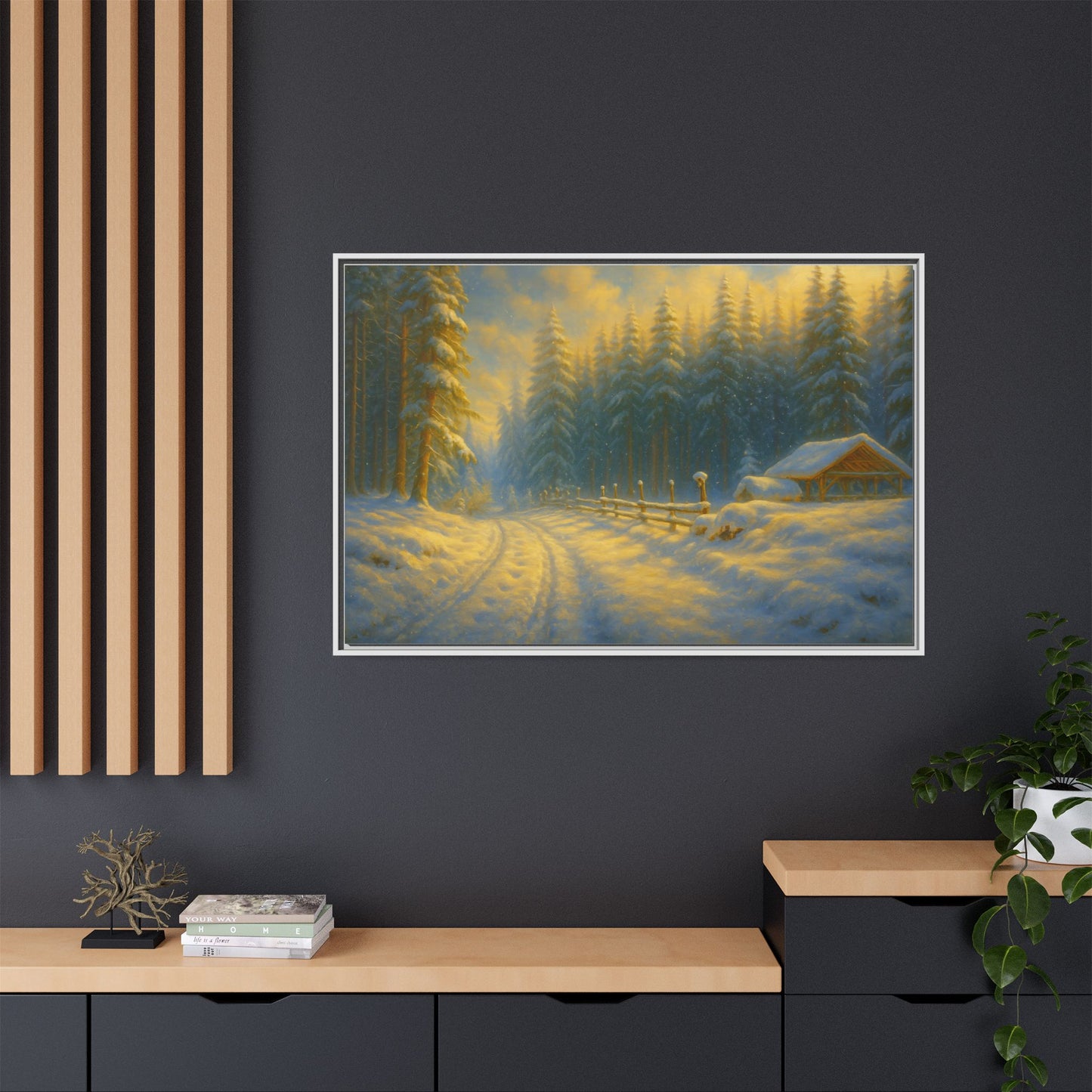 Framed winter cabin canvas print featuring a snowy forest sunset, wall art by Printify with a cozy winter scene.
