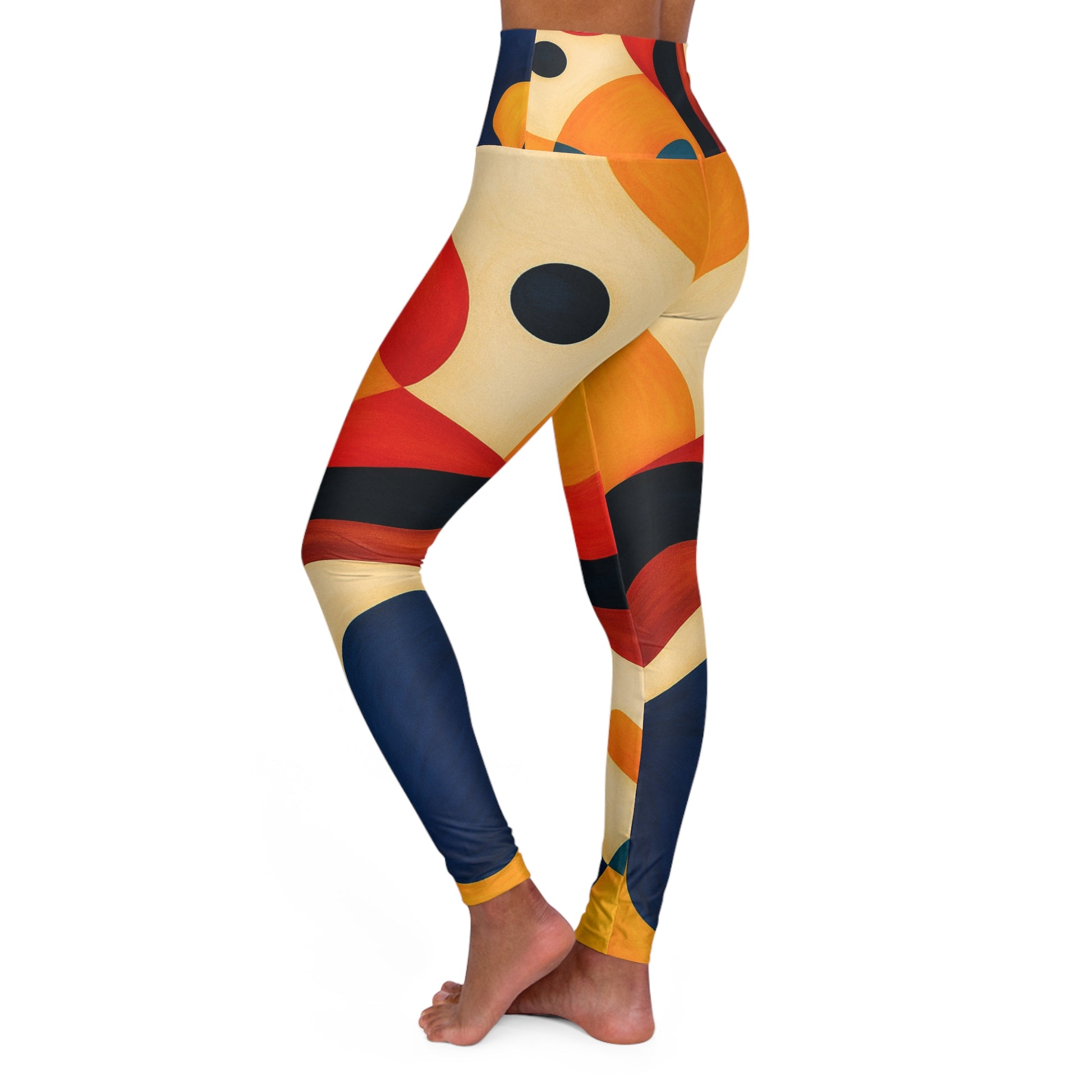 Colorful women's high-waisted yoga leggings with all-over print, stretchy and comfortable for workout and active wear.