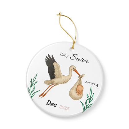 Stork with Baby, Personalized Name and Due Date Ornament Ceramic Ornament - TRV