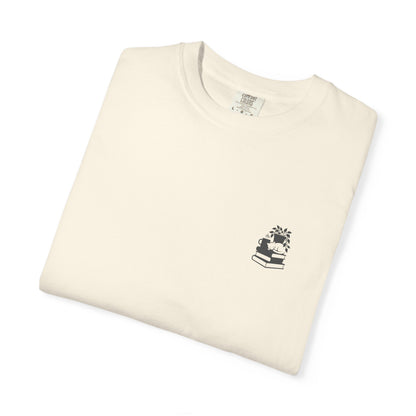 Cozy Cat on Books T-Shirt | Reading Tea Stack Illustration