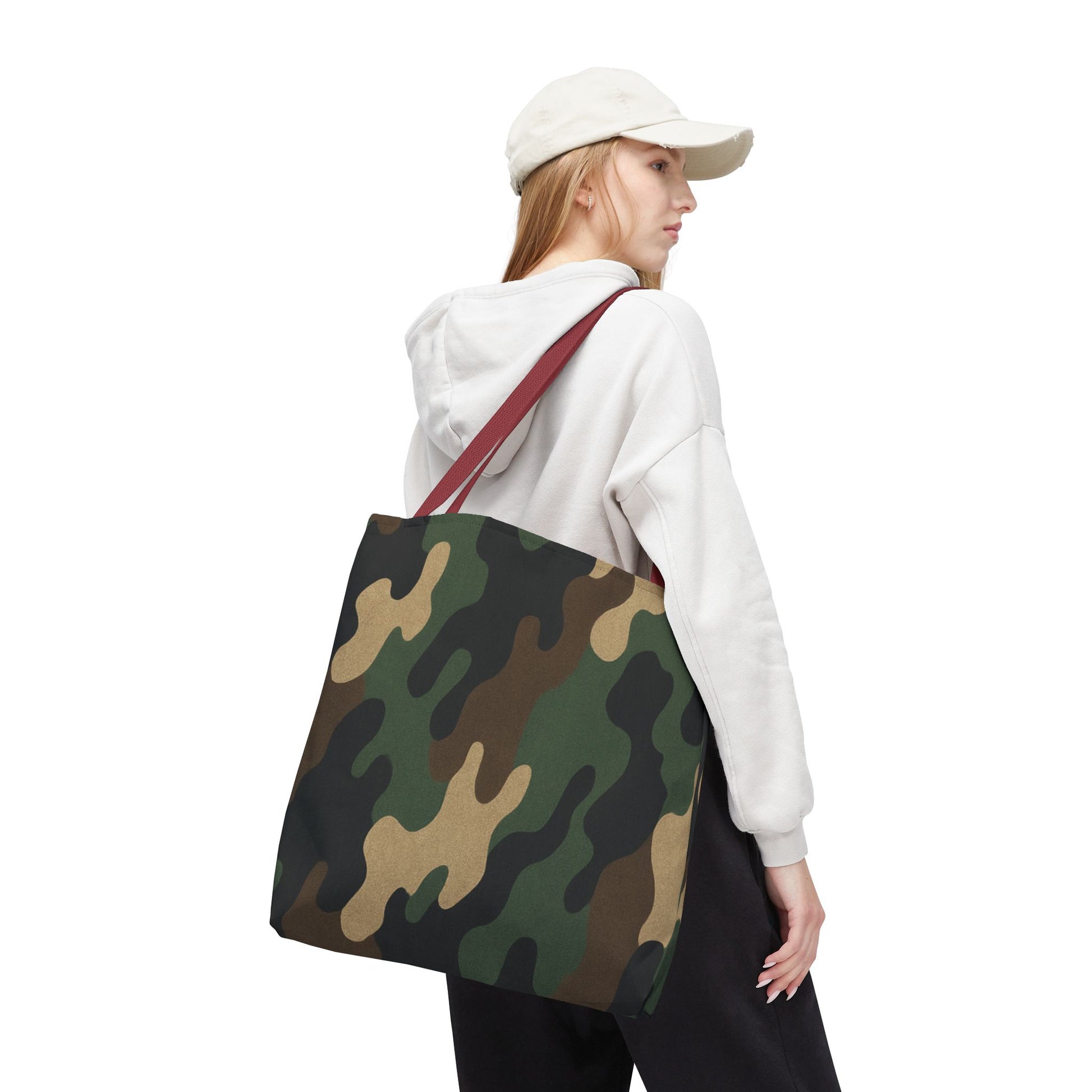 Camo pattern tote bag from Printify featuring an all-over print canvas design and sturdy carryall handles.