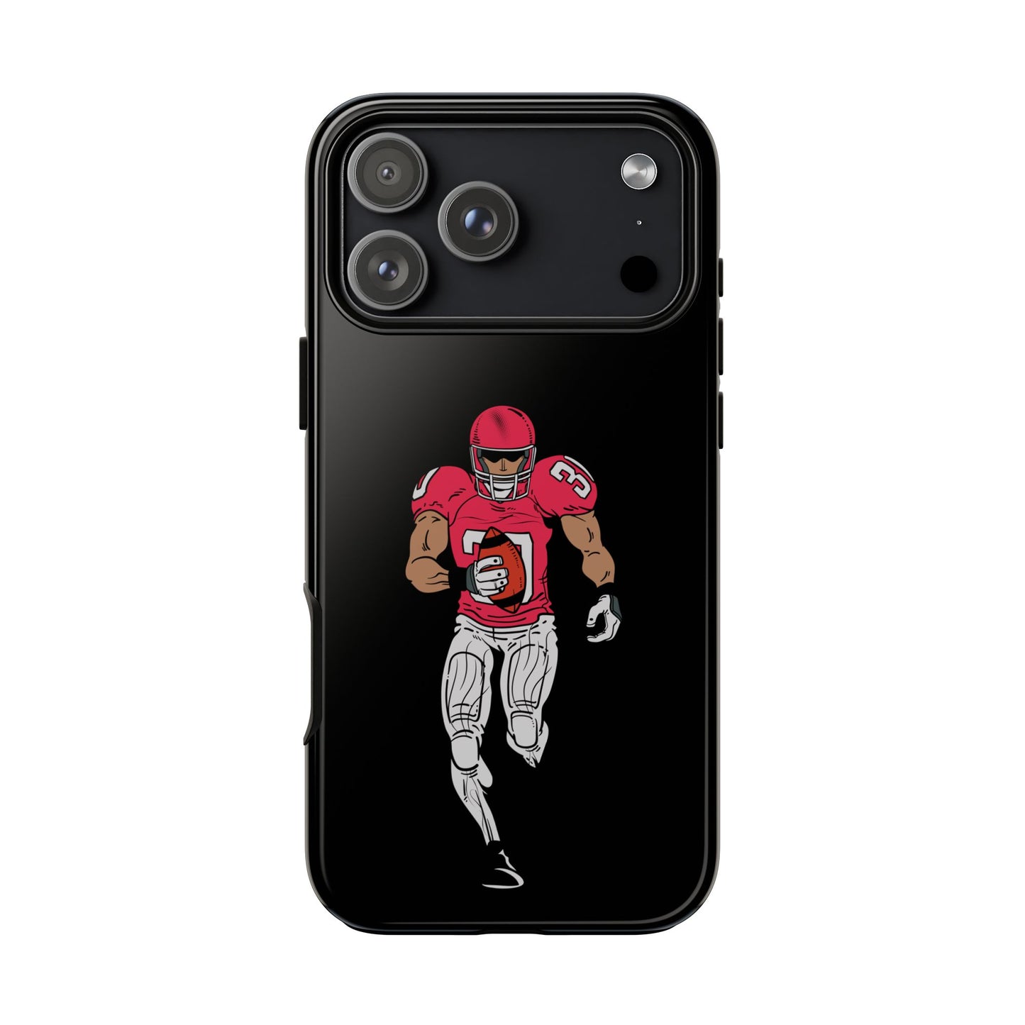 Black football player tough phone case for iPhone, protective sports-themed case with athlete graphic by Printify.