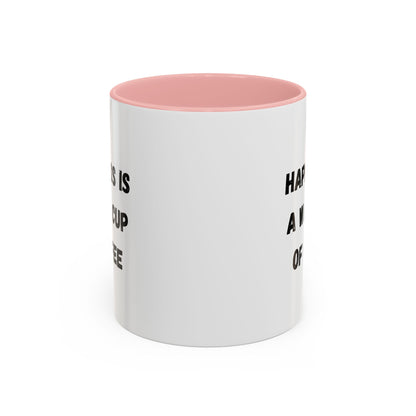 Ceramic coffee mug with "Happiness Is A Warm Cup Of Coffee" quote, printed by Printify, featuring a colorful design on a white background.