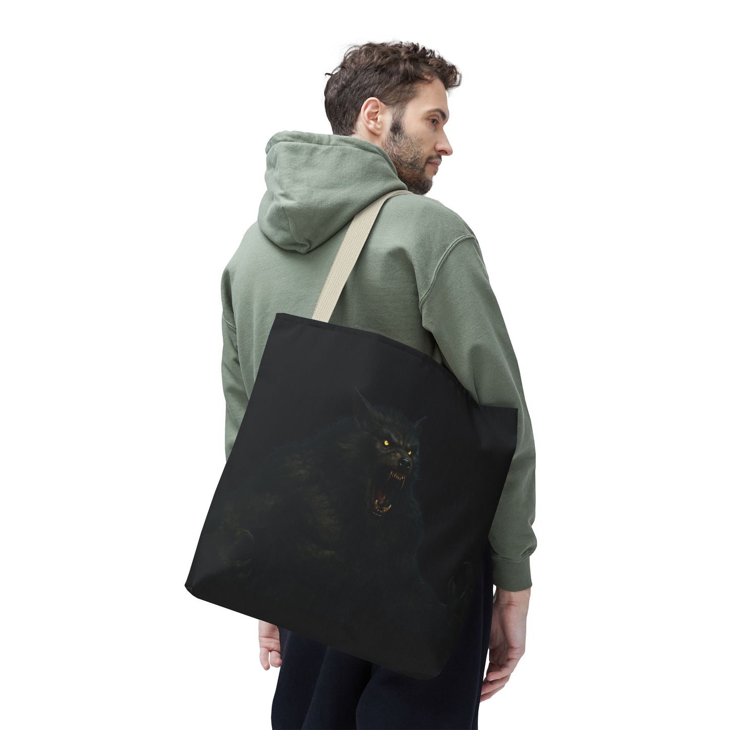 Dark Halloween werewolf tote bag by Printify featuring horror-themed art, perfect for fans of spooky and gothic accessories.
