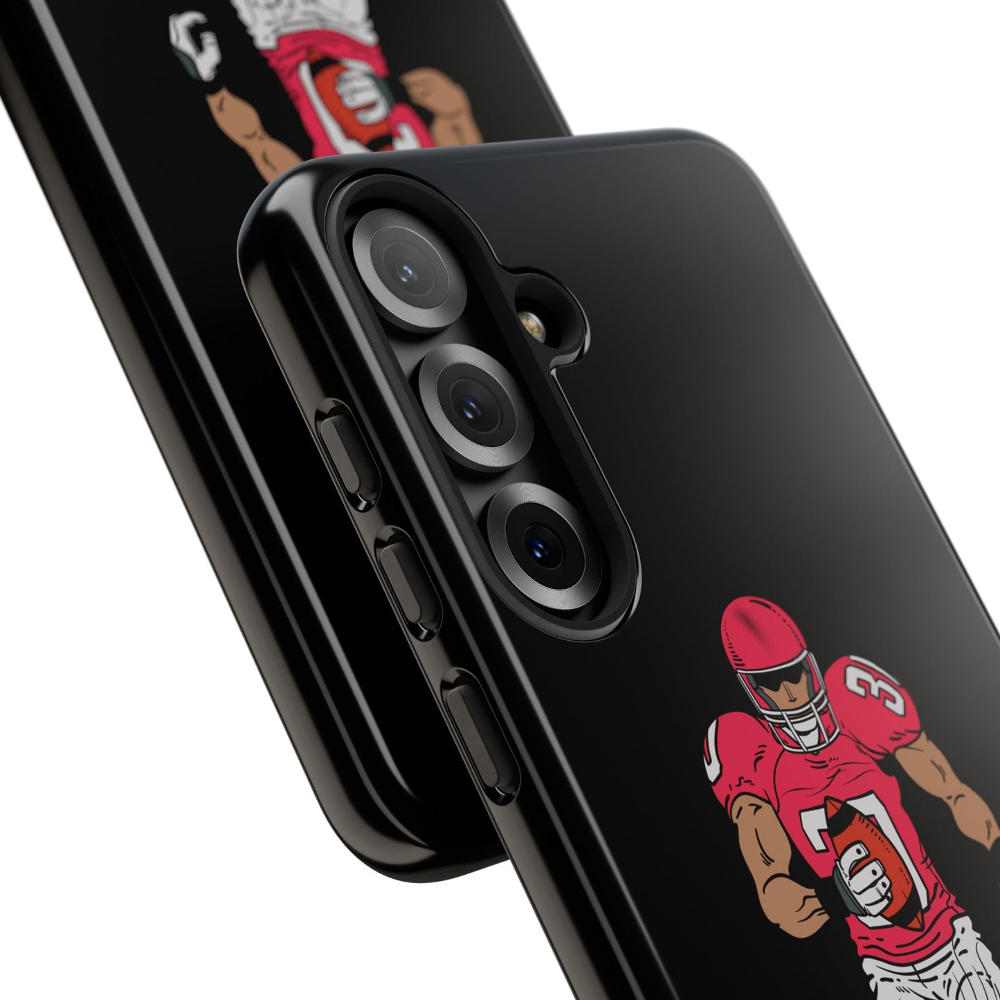 Black protective phone case featuring a football player graphic, designed for iPhone, by Printify.
