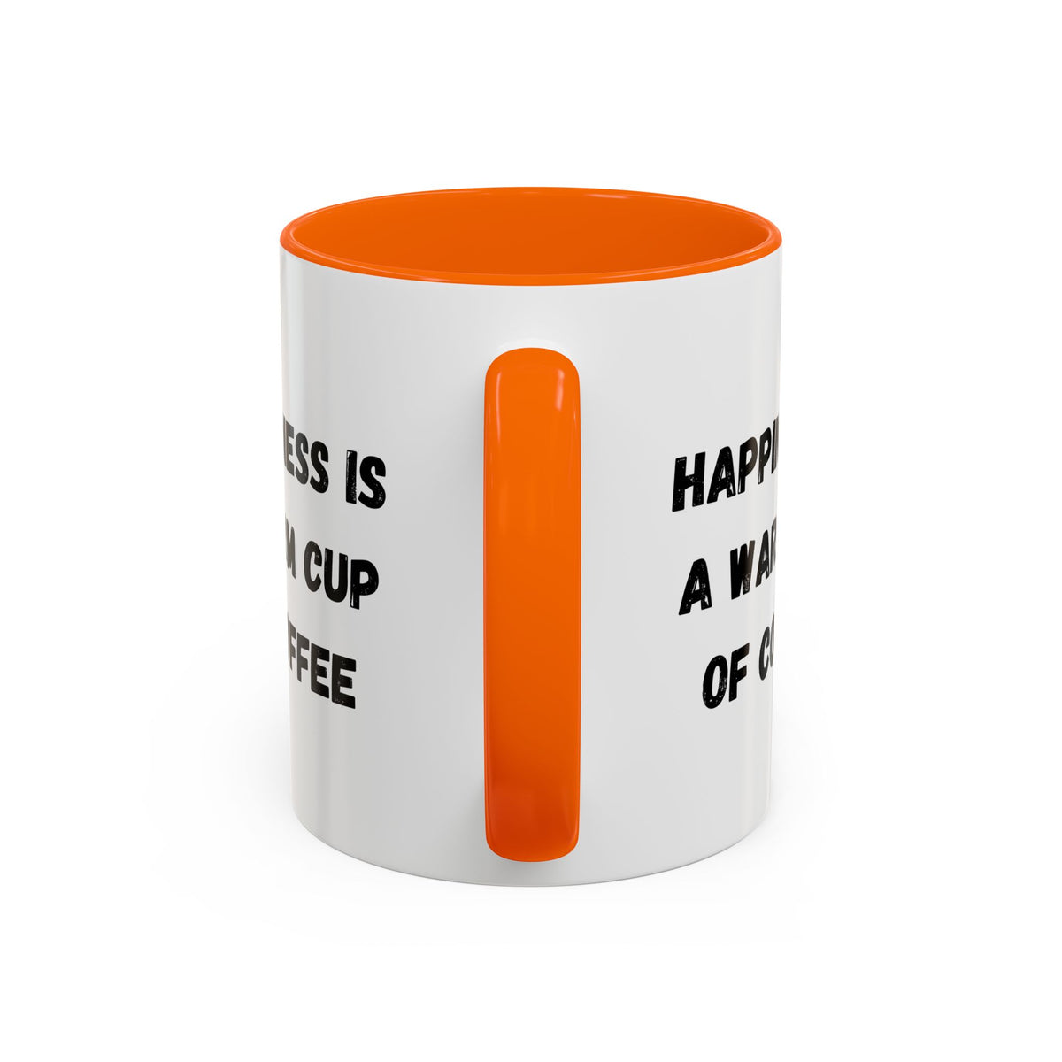 Ceramic coffee mug with "Happiness Is A Warm Cup Of Coffee" quote, featuring a white background and colorful lettering.