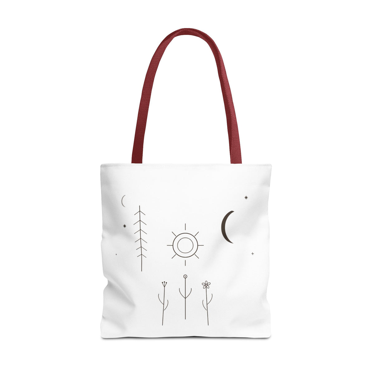 Minimal Moon and Sun botanical tote bag featuring celestial line art design, crafted by Printify.
