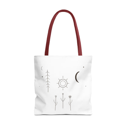 Minimal Moon and Sun botanical tote bag featuring celestial line art design, crafted by Printify.