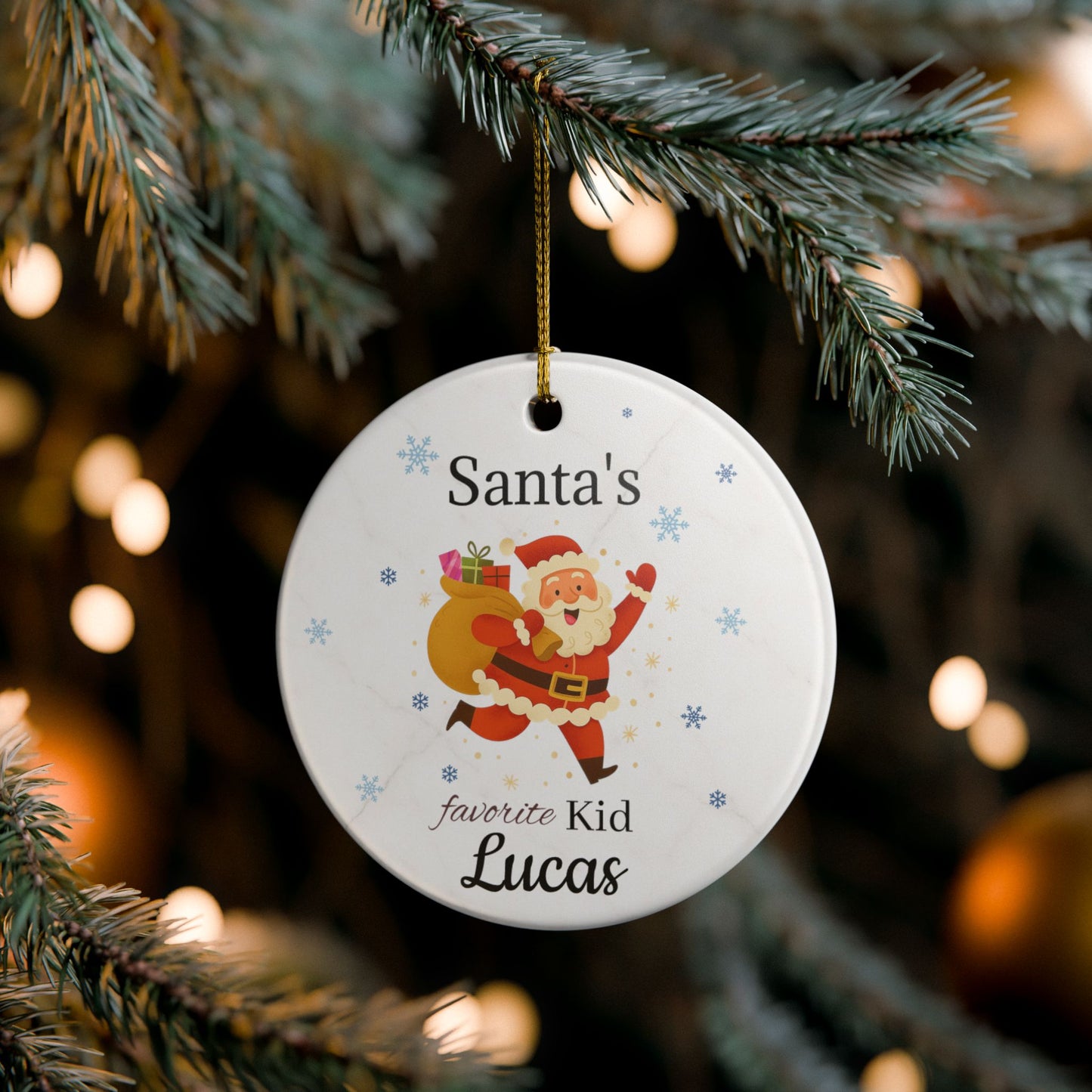 Personalized Santa's Favorite Kid ceramic ornament with the name Lucas, featuring festive holiday design and decorative details.