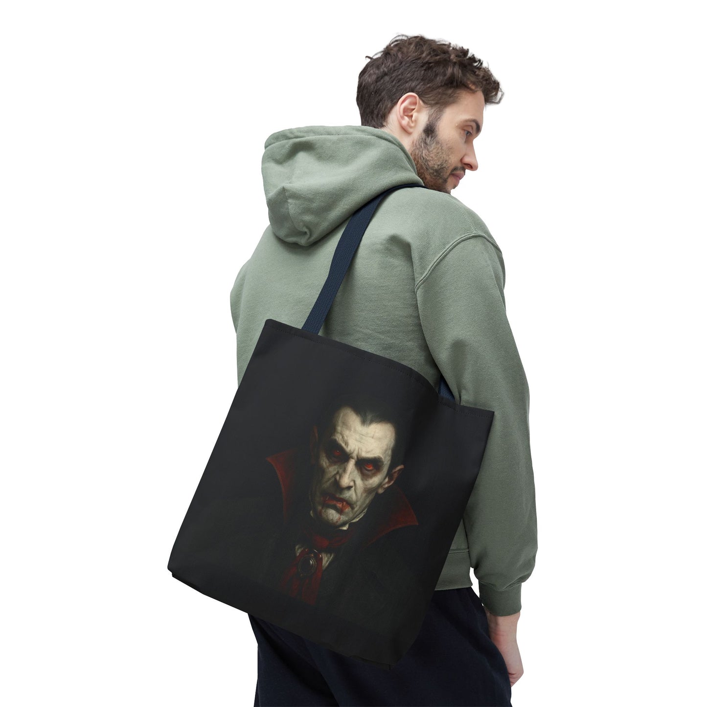 Black vampire tote bag with spooky gothic design, perfect for Halloween accessories, by Printify.
