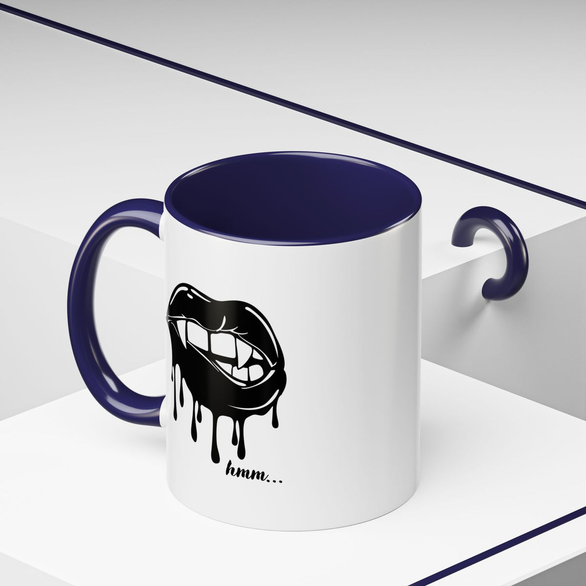 Black Dripping Lips accent coffee mug with bite graphic, available in 11oz and 15oz sizes, featuring bold, artistic design.