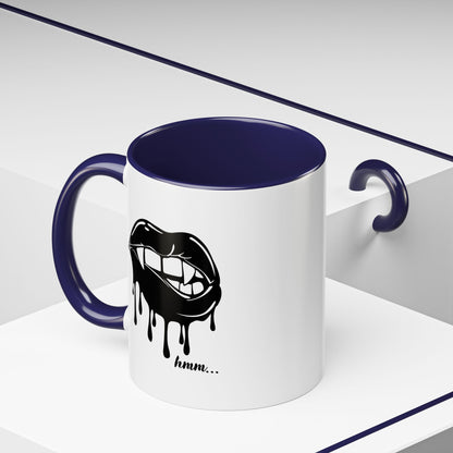 Black Dripping Lips accent coffee mug with bite graphic, available in 11oz and 15oz sizes, featuring bold, artistic design.
