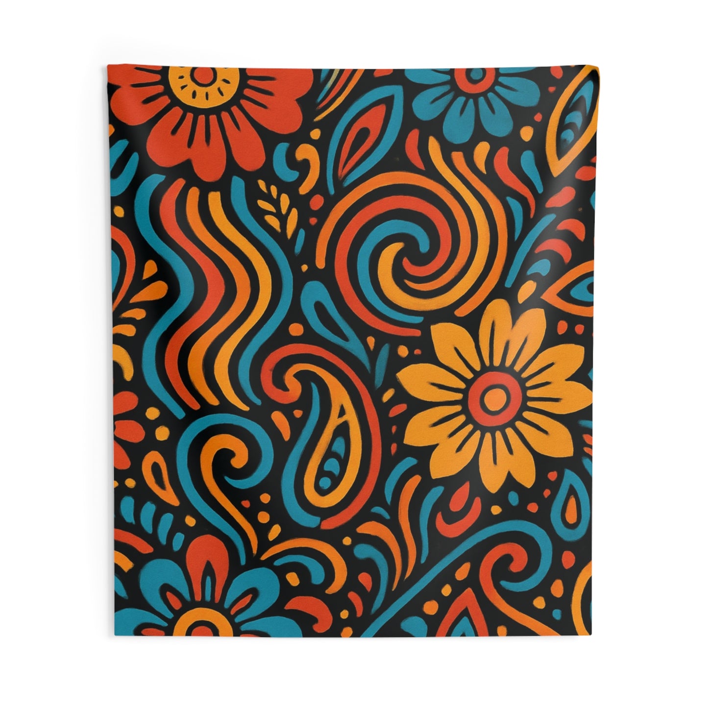 Boho Floral Tapestry — Retro Swirl Wall Hanging (Orange, Teal, Yellow)