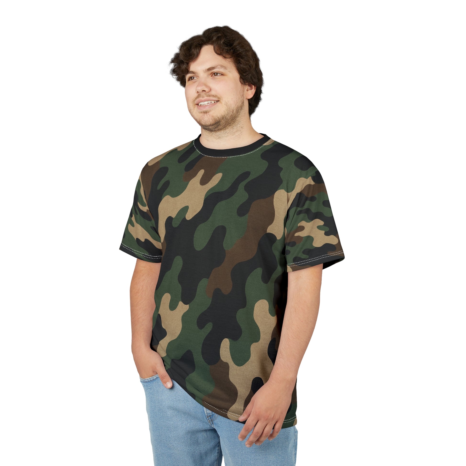 Printify woodland camouflage all-over print tee featuring classic woodland camouflage pattern on a comfortable shirt.