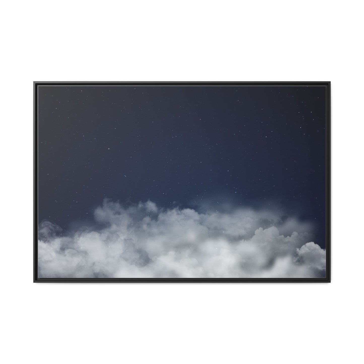 Framed matte canvas wall art showing a night sky with clouds and stars, featuring a starry night scene by Printify.